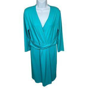 Talbots Womens Aqua Wrap Belted Dress Sz Medium 3/4 Sleeve Stretch